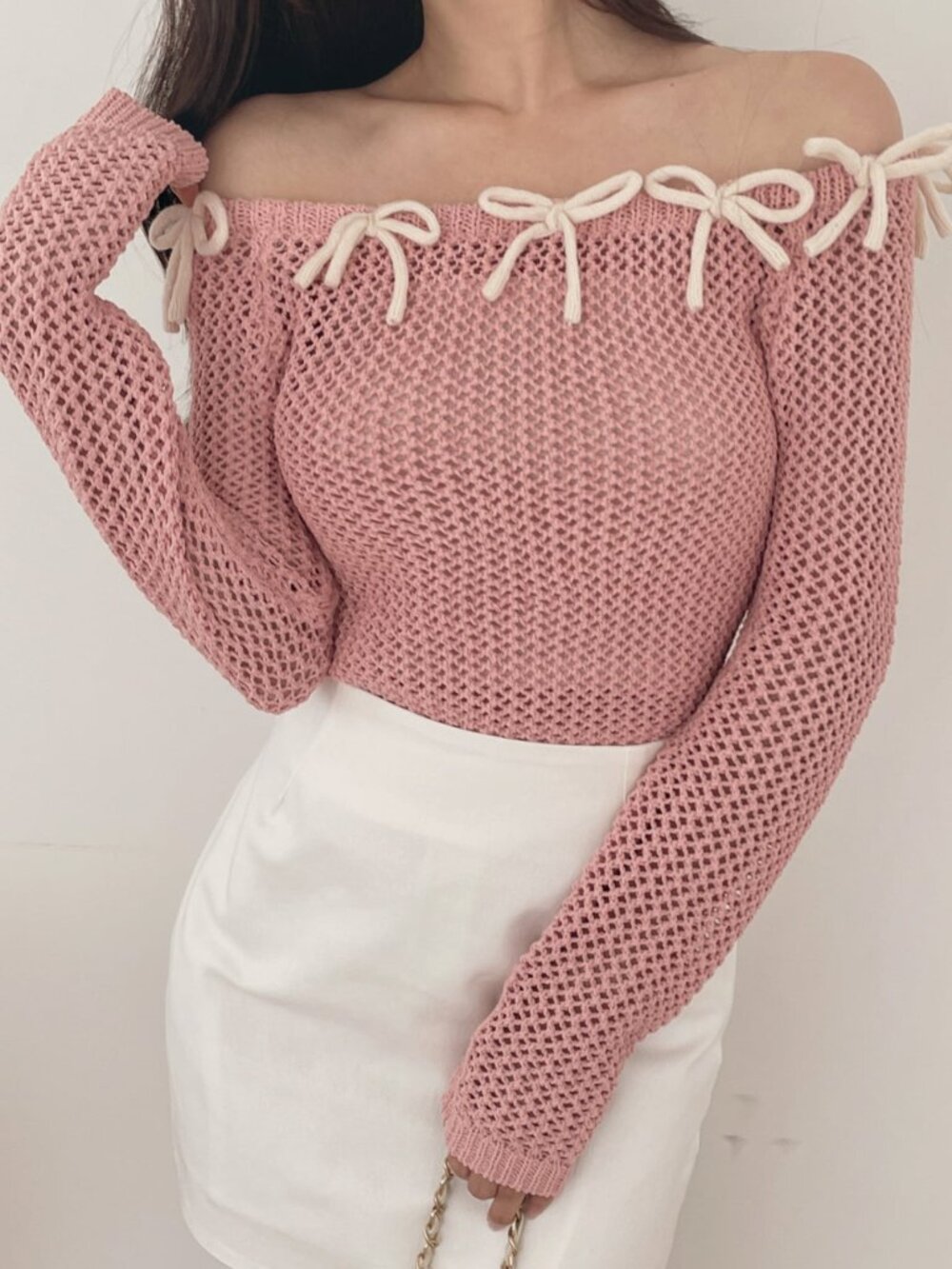 Pink Casual Women's Bow Contrast Color Fitted Cold Shoulder Long Sleeve Pullover - Picture 5 of 8